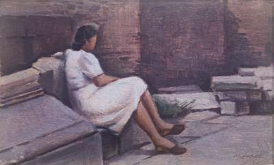Lady sitting among the ancient ruins - Ledda Marius